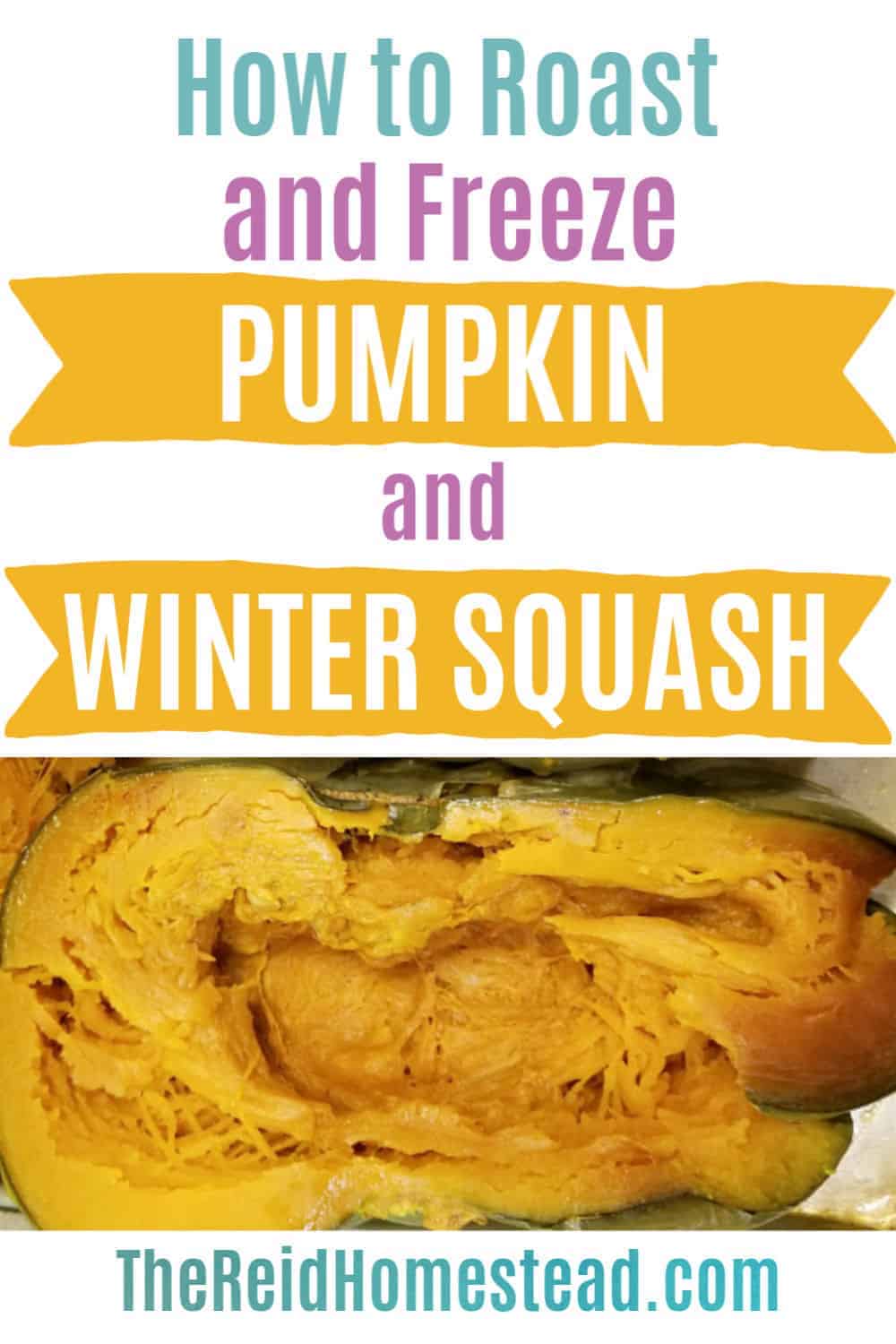 a close up of a half of a roasted pumpkin with text overlay How to Roast and Freeze Pumpkin and Winter Squash