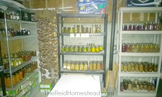 canning pantry shelves lined with canned goods