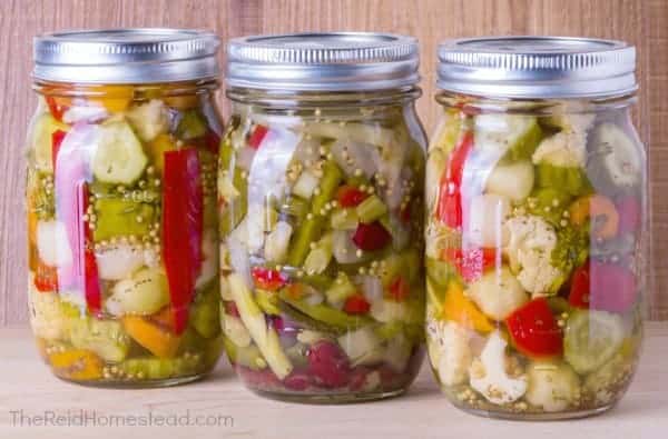 three jars of mixed vegetables fermented in mason jars