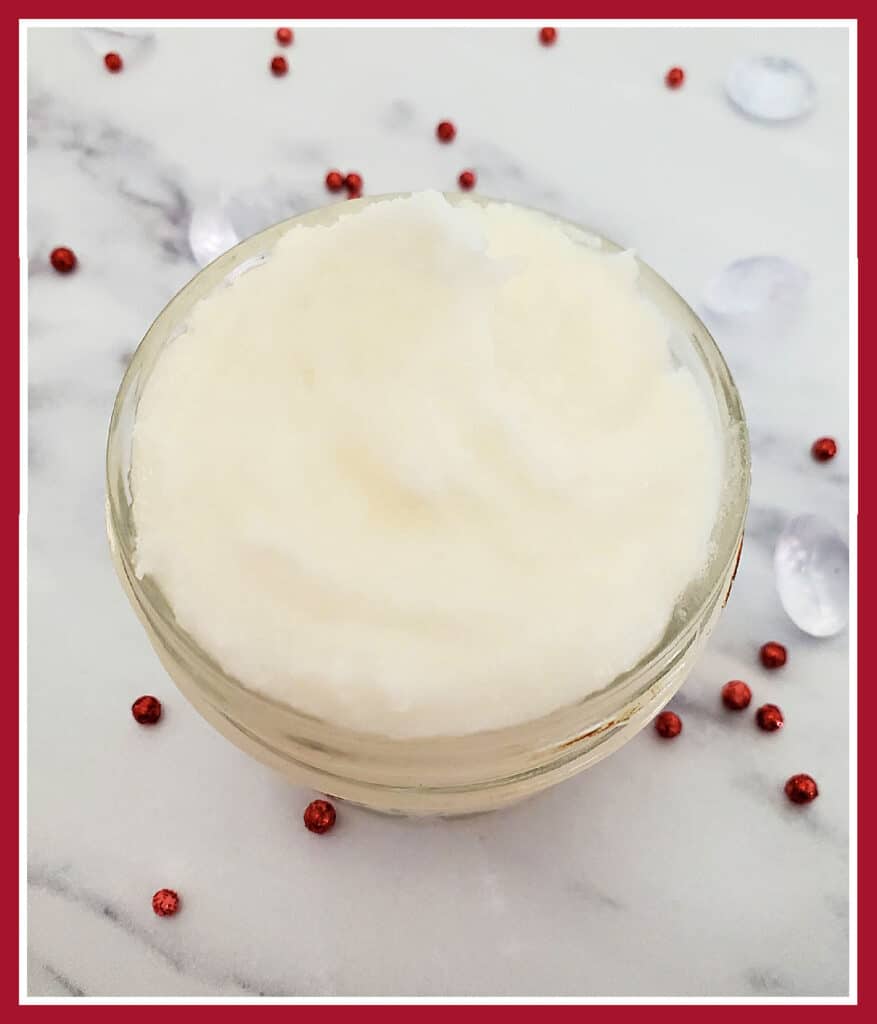 close up of a jar of whipped peppermint sugar scrub
