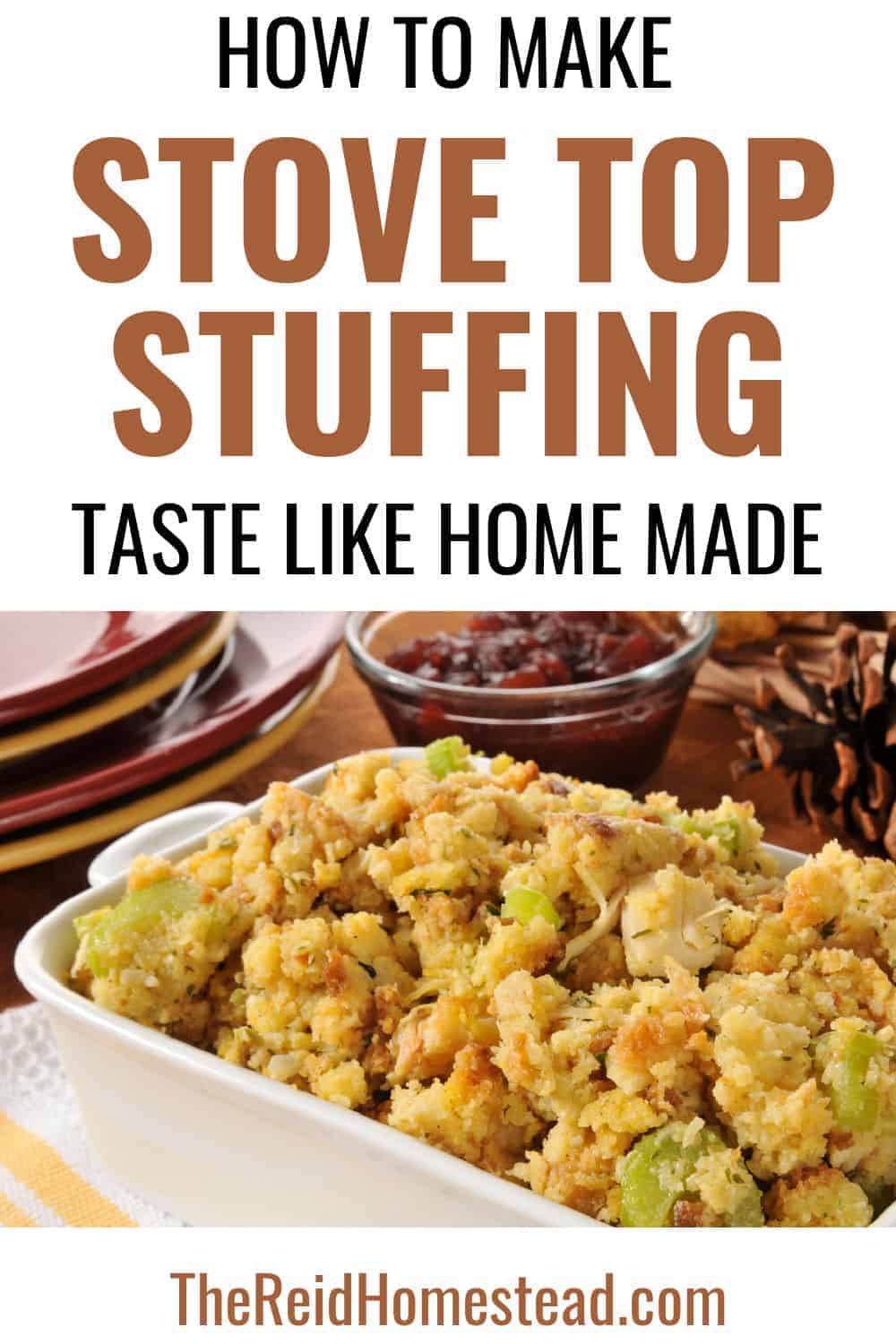 dish of stuffing with text overlay How to Make Stove Top Stuffing Taste Like Home made