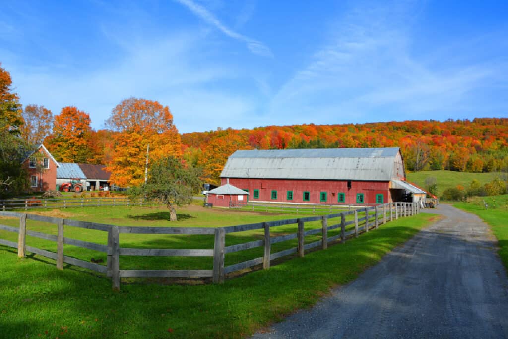 a red barn with a pasture in front with fall colored leaves behind and a blue sky overhead