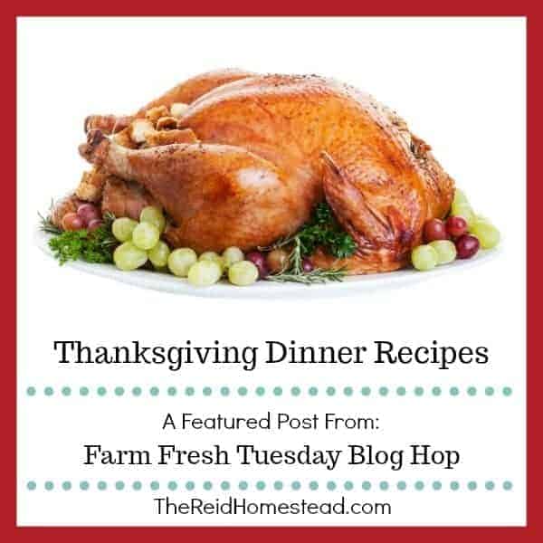 roasted turkey on platter with text overlay Thanksgiving Dinner Recipes a featured post from the Farm Fresh Tuesday Blog Hop