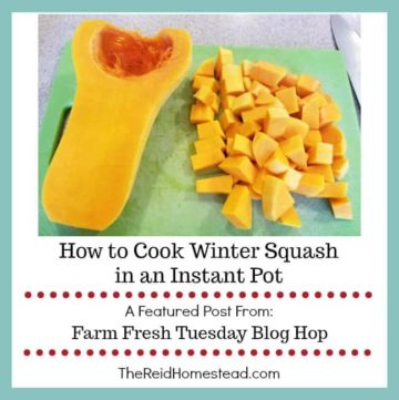 half a butternut squash and a pile of cubed winter squash on a cutting board with text overlay How to Cook Winter Squash in an Instant Pot