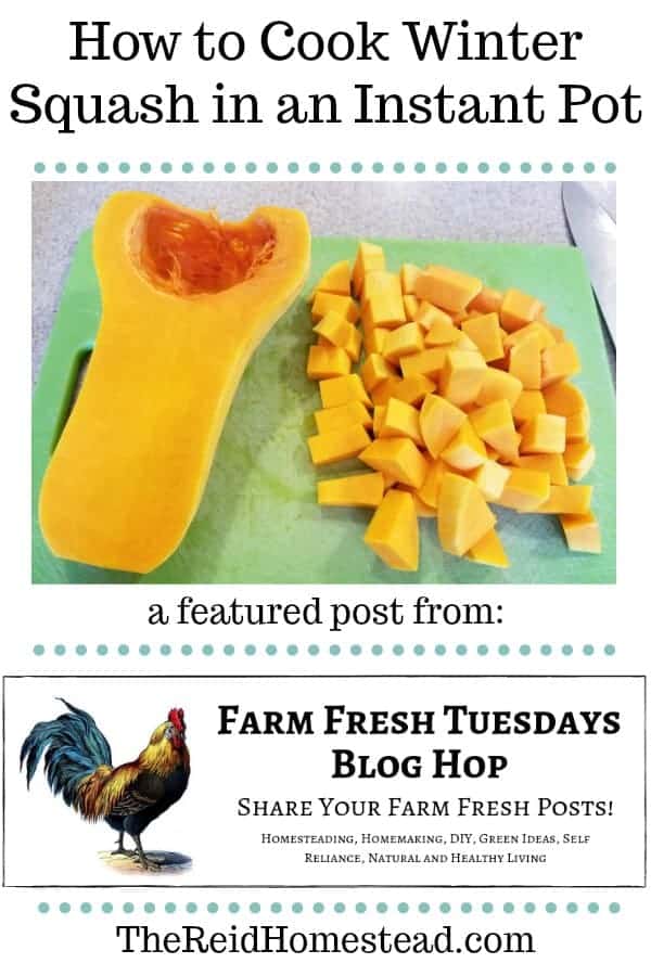 a pinterest pin with an image of half a butternut squash with a pile of cubed butternut squash on a cutting board, with text overlay How to Cook Winter Squash in an Instant Pot