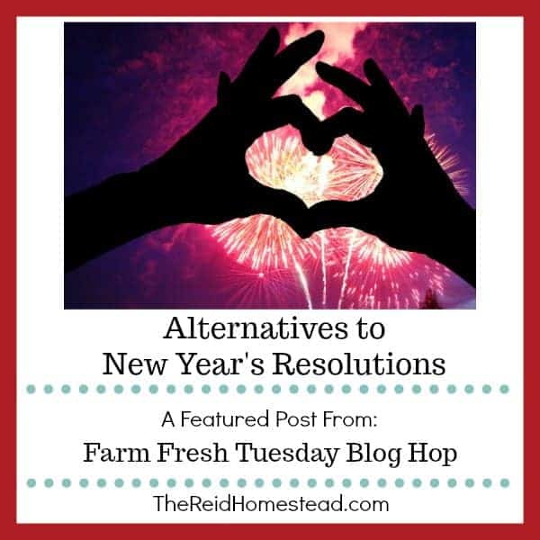 two hands making a heart shape with fireworks beyond in night sky with text overlay alternatives to new years resolutions