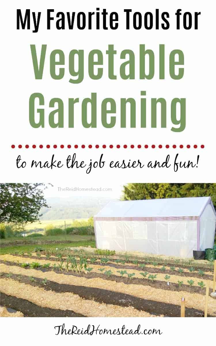 rows in the vegetable garden prepped for spring planting with greenhouse beyond and text overlay My Favorite Tools for Vegetable Gardening