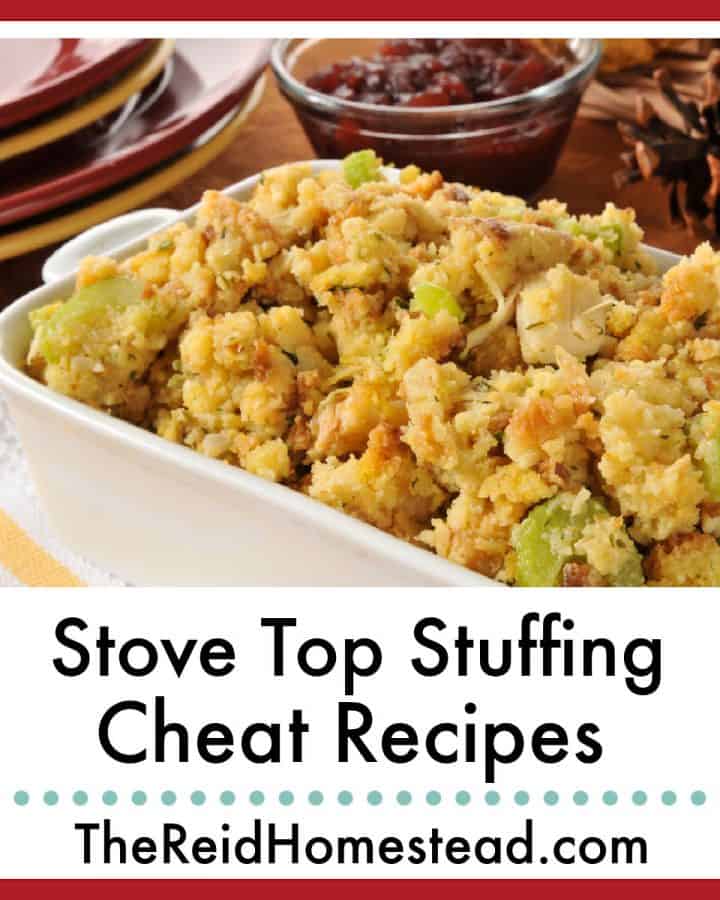 a serving dish of stuffing with text overlay Stove Top Stuffing Cheat Recipes
