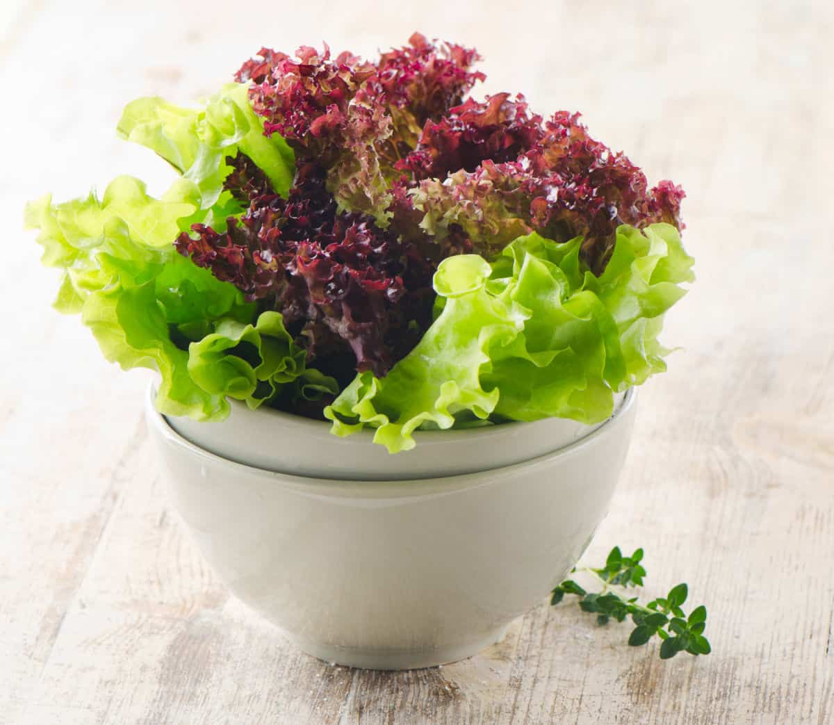 Lettuce salad in a bowl on a wooden table