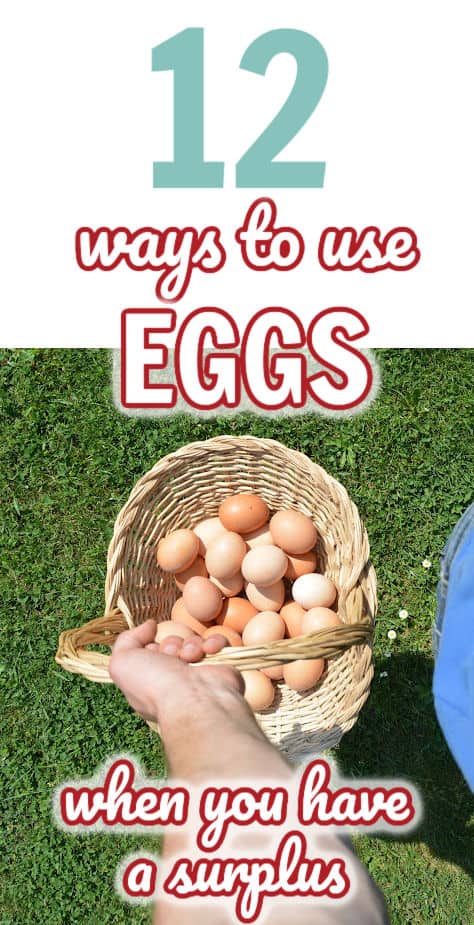 a basket full of eggs with text overlay 12 Ways to use Eggs when you have a surplus