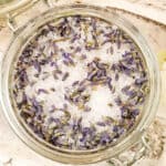 close up of jar full of diy lavender and epsom salts bath soak