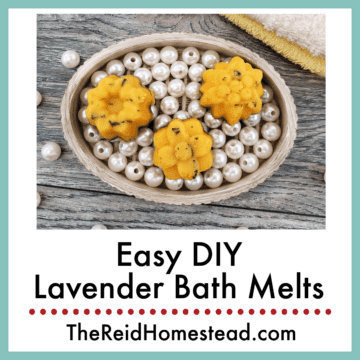 a wood tray with 3 finished lavender bath melts, text overlay Easy DIY Lavender Bath Melts