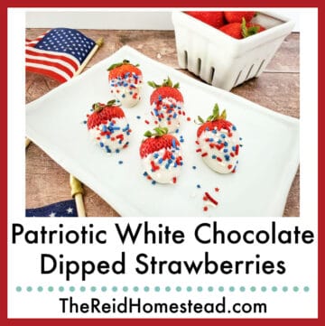 close up of 5 patriotic white chocolate dipped strawberries with sprinkles on a platter, text overlay Patriotic White Chocolate Dipped Strawberries