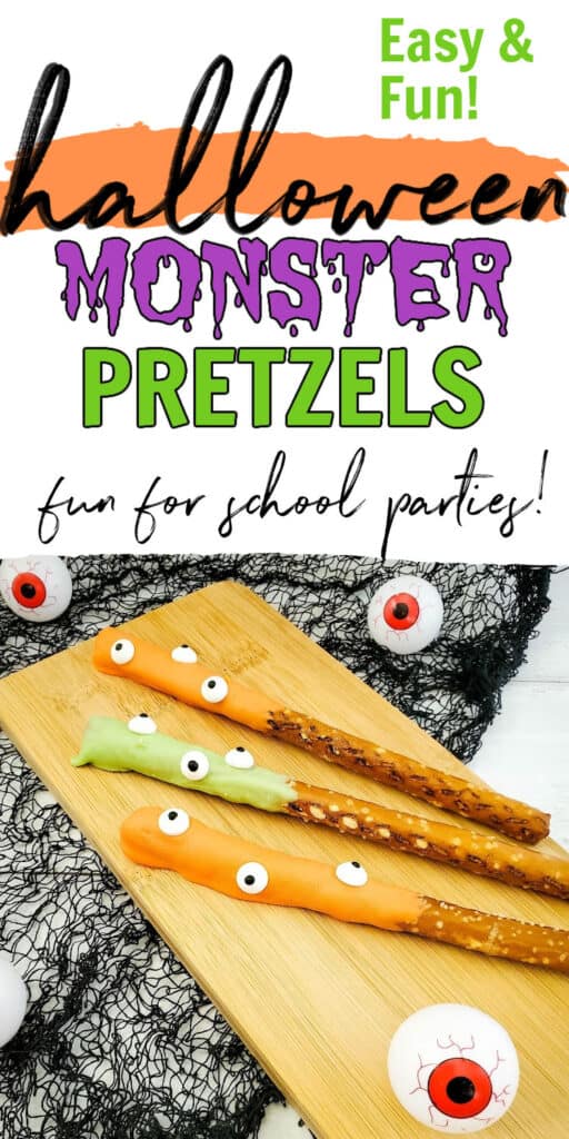 halloween monster pretzels on cutting board, text overlay Easy & Fun! Halloween Monster Pretzels - Fun for school parties!