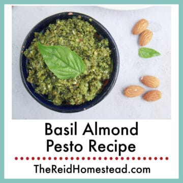 close up of a bowl of basil almond pesto with almonds on the table, text overlay Basil Almond Pesto Recipe