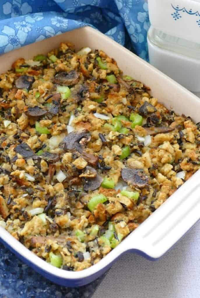 close up of a dish of mushroom wild rice stove top stuffing