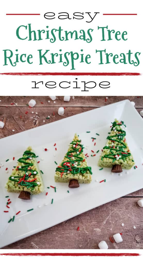 3 christmas tree rice krispie treats on a white platter, text overlay Easy Christmas Tree Rice Krispie Treats Recipe
