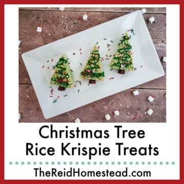 3 christmas tree rice krispie treats on a platter, text overlay Christmas Tree Rice Krispie Treats
