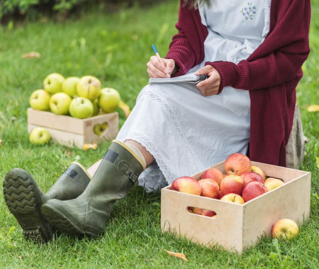 a woman sitting on a chair in the grass writing in a notebook with crates of apples on either side of her