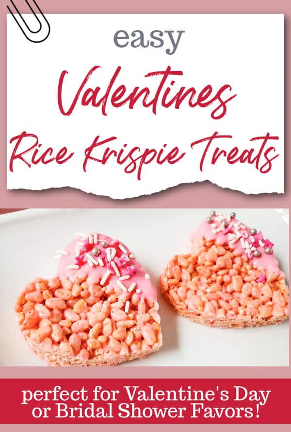 close up of two heart shaped Valentines Rice Krispie Treats, text overlay Easy Valentines Rice Krispie Treats, perfect for Valentines Day or Bridal Shower Favors!