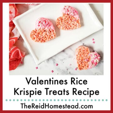 heart shaped rice krispie treats on a platter, text overlay Valentines Rice Krispie Treats Recipe