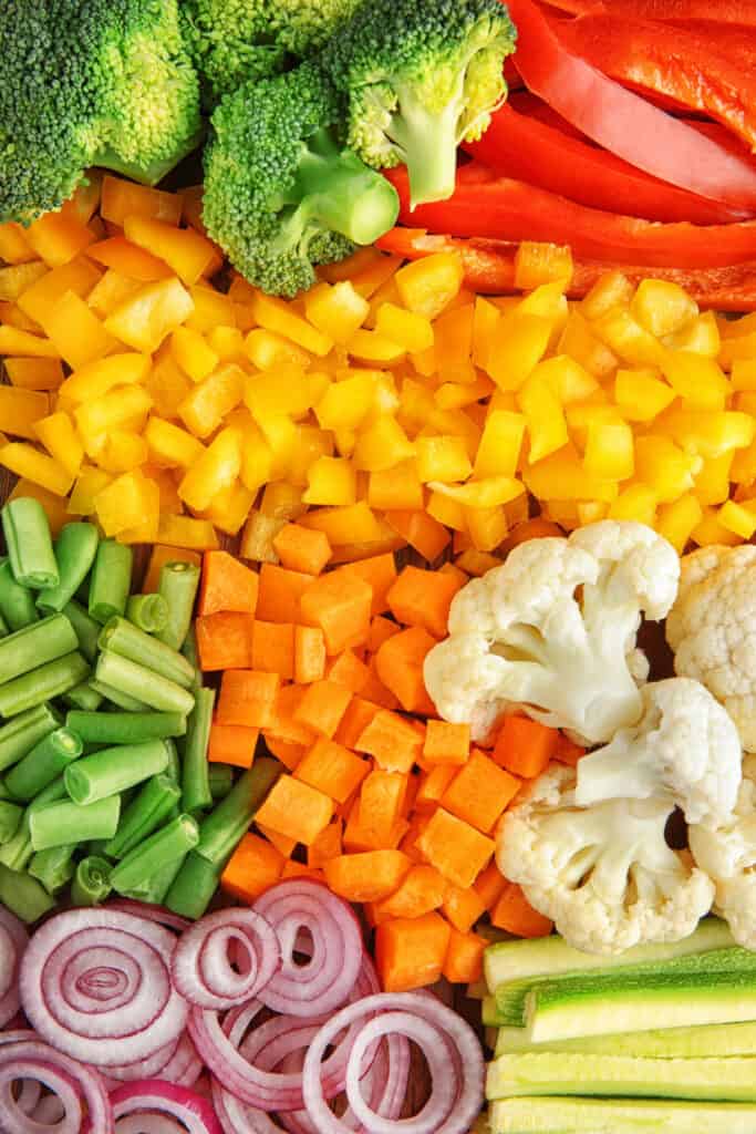 close up of a rainbow of assorted chopped vegetables