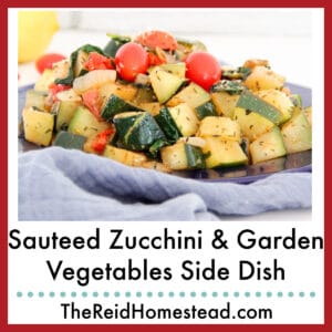 zucchini & garden vegetables on a plate, text overlay Sauteed Zucchini & Garden Vegetables Side Dish