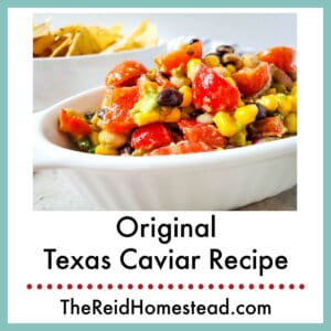close up of a bowl of texas caviar and a bowl of tortilla chips, text overlay Original Texas Caviar Recipe