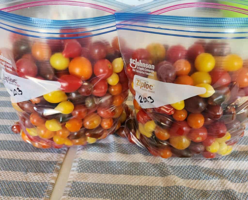 two ziplock baggies filled with cherry tomatoes