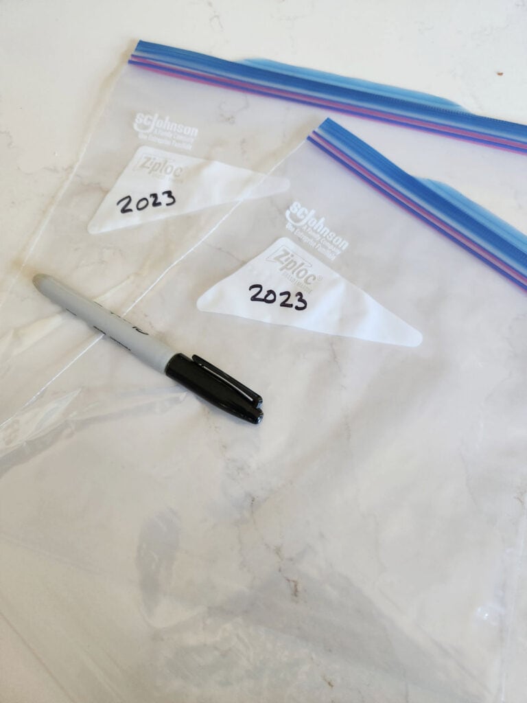 two ziplock baggies laying on the counter with the year 2023 written on them next to a sharpie pen