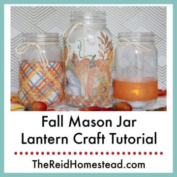 3 finished fall mason jar lanterns, text overlay Fall Mason Jar Lantern Craft Tutorial