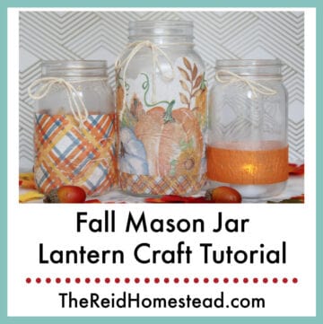 3 finished fall mason jar lanterns, text overlay Fall Mason Jar Lantern Craft Tutorial