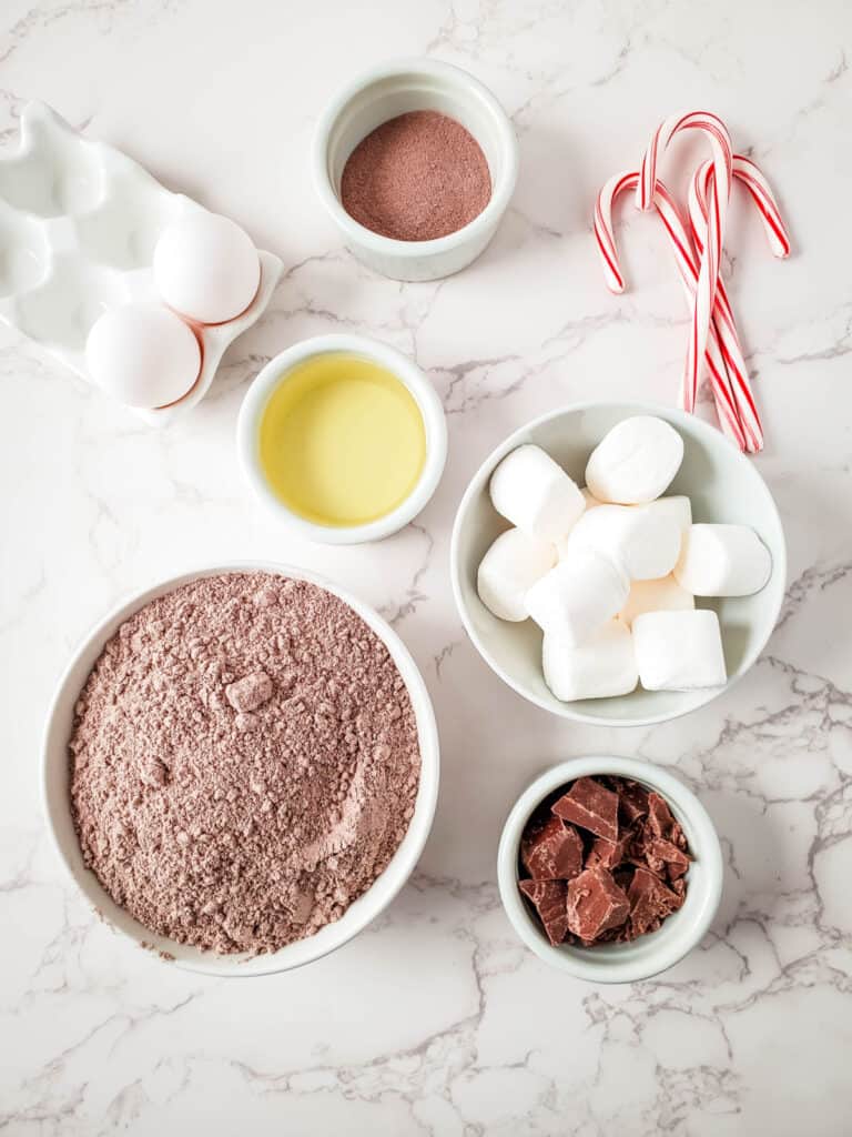 ingredients for hot cocoa cake mix cookies including, eggs, boxed cake mix, vegetable oil, hot cocoa mix, candy canes, marshmallows, and baking chocolate