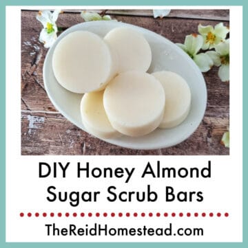 close up of homemade honey almond scrub bars, text overlay DIY honey almond sugar scrub bars